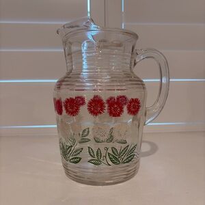 Vintage Anchor Hocking Glass Pitcher Red White Green Floral Design 9 1/2" H